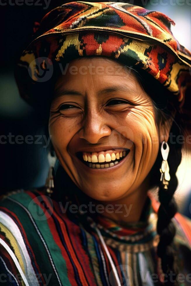 ai gerado uma sorridente indiano mulher vestindo colorida roupas e uma cocar foto