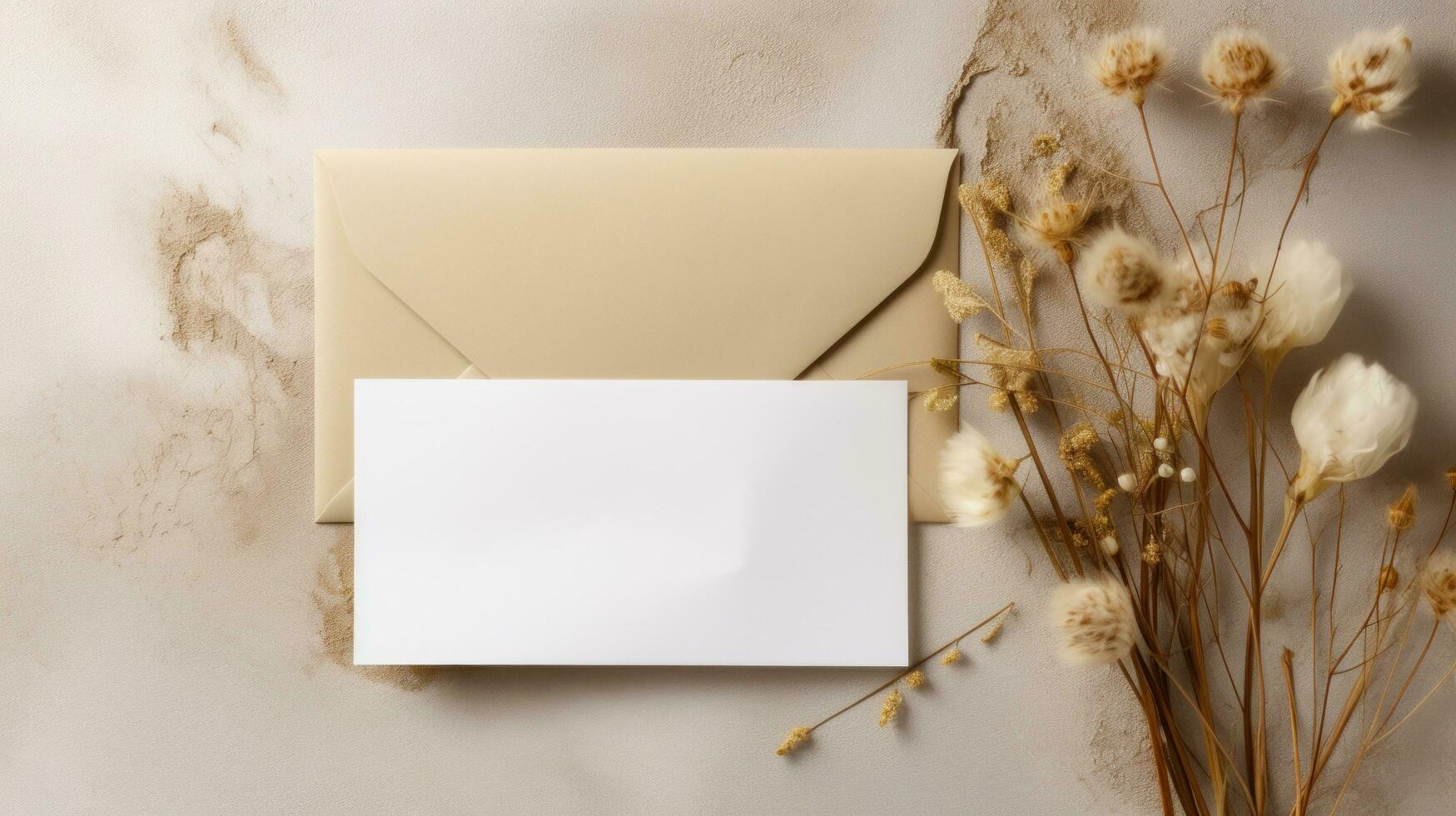 ai gerado envelope, envelope branco cartão e alguns seco flores sentado em uma concreto fundo foto