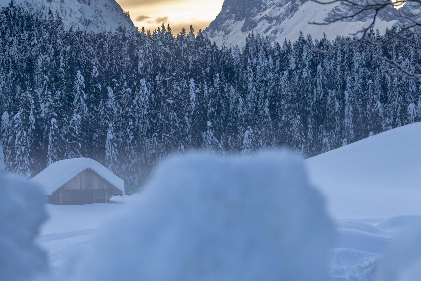 após a queda de neve. últimas luzes do crepúsculo em sappada. magia das dolomitas foto