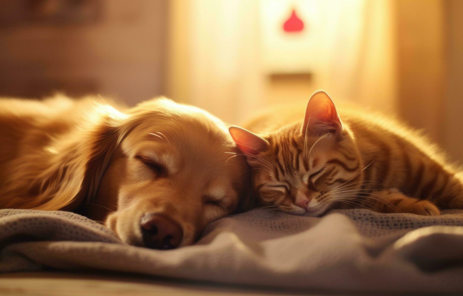 ai gerado uma dourado retriever animal com uma dormindo gato dentro cama foto