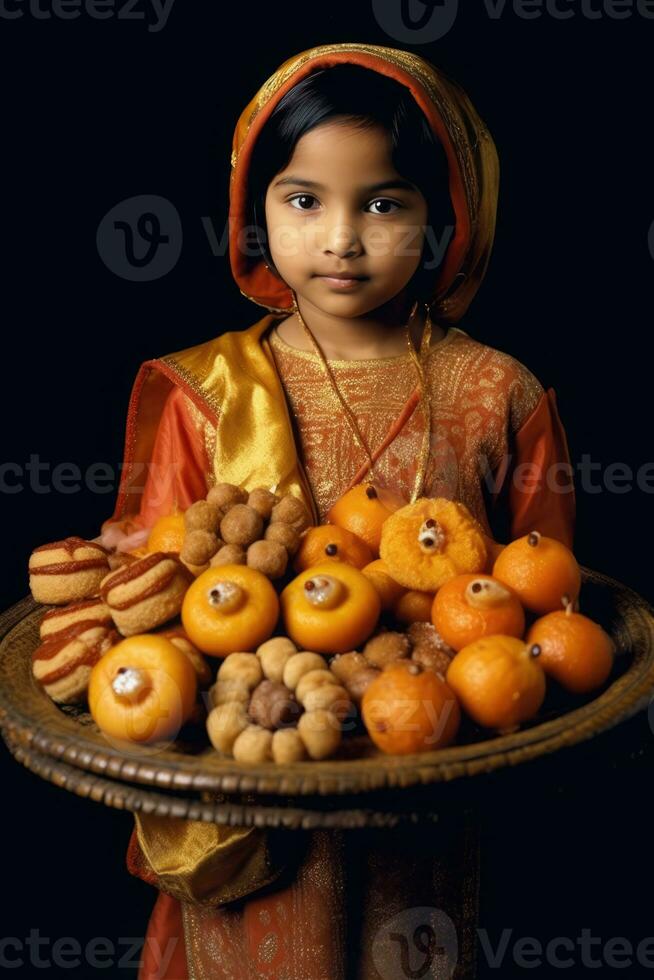 ai gerado uma jovem menina oferta uma prato do vários frutas, Incluindo laranjas, umbigos, e de outros produzir. foto