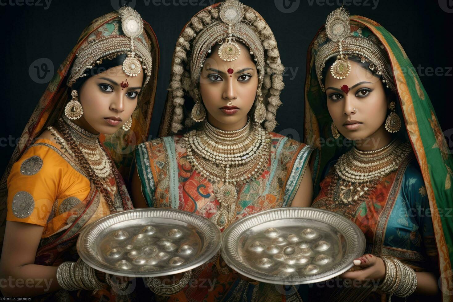 ai gerado três indiano mulheres apresentando tradicional servindo bandejas foto