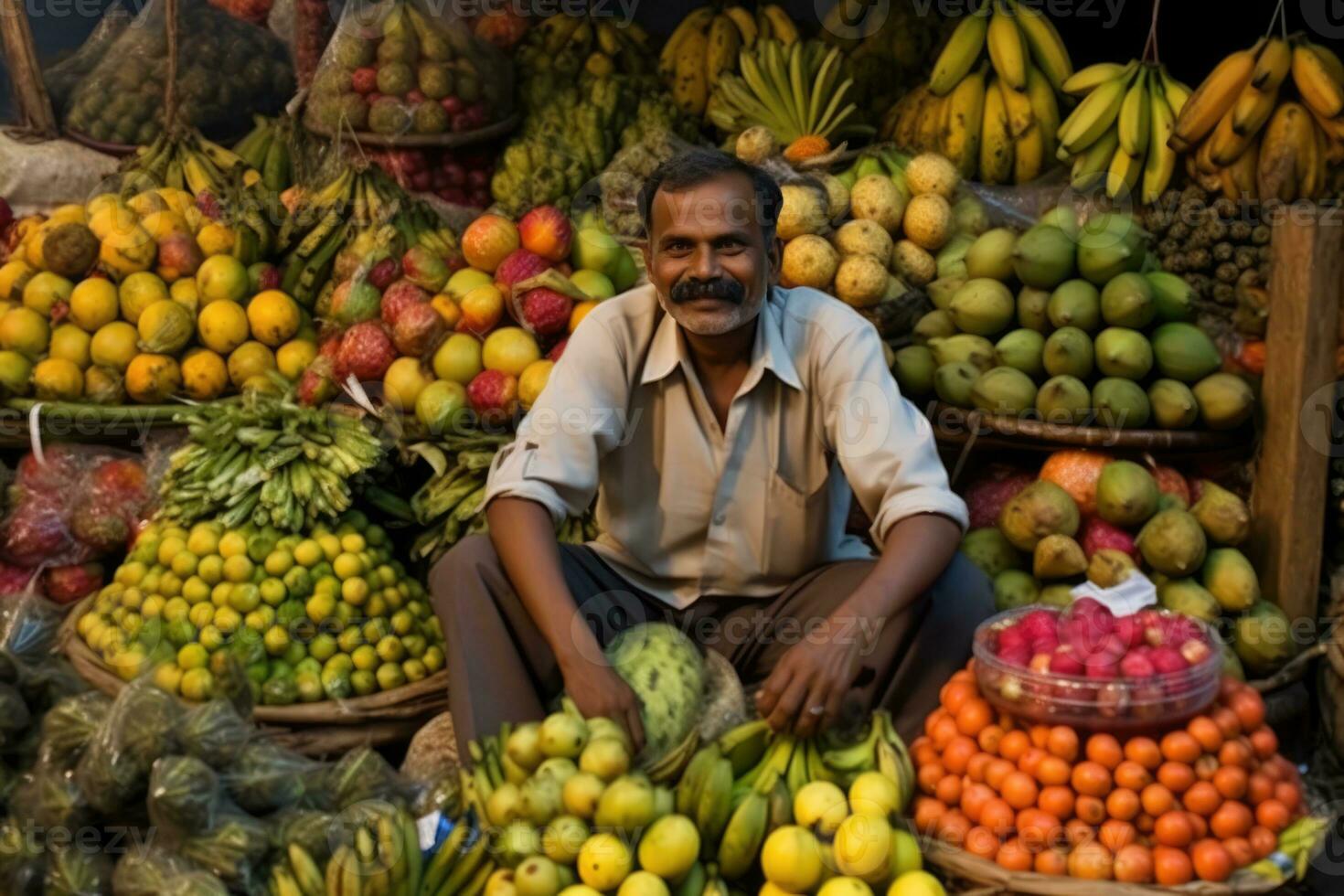 ai gerado a fruta homem - sentado entre montanhas do fresco fruta foto