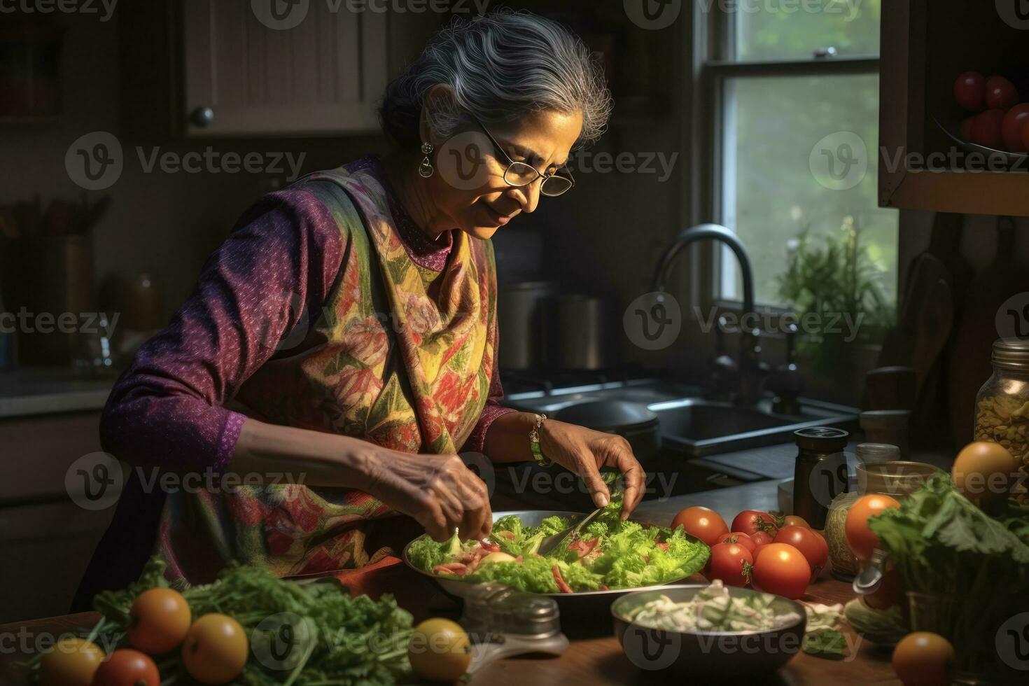 ai gerado uma mulher preparando uma fresco salada dentro uma cozinha foto