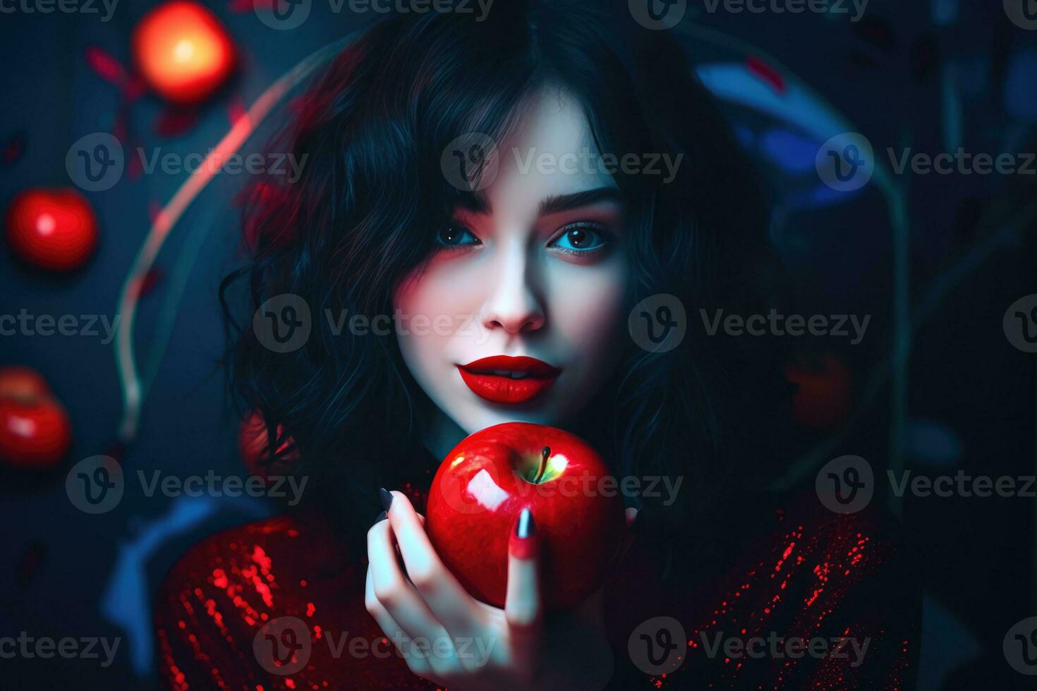 ai gerado fêmea modelo posando com uma vermelho maçã foto