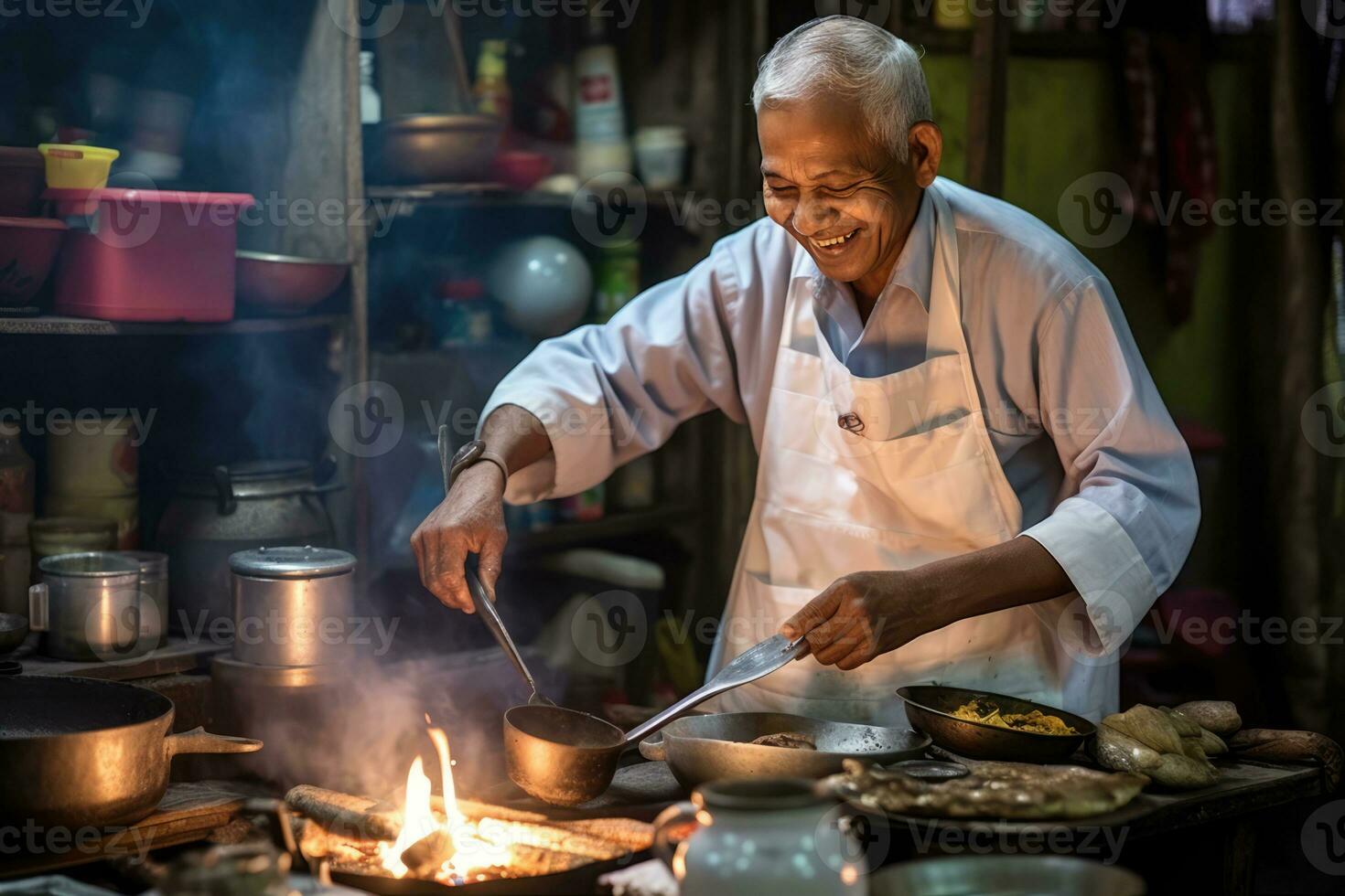 ai gerado a Mais velho homem cozinhando Comida dentro uma cozinha foto