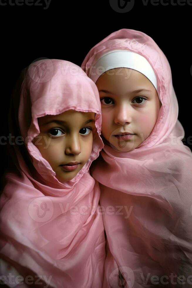 ai gerado dois jovem meninas dentro Rosa lenços de cabeça foto