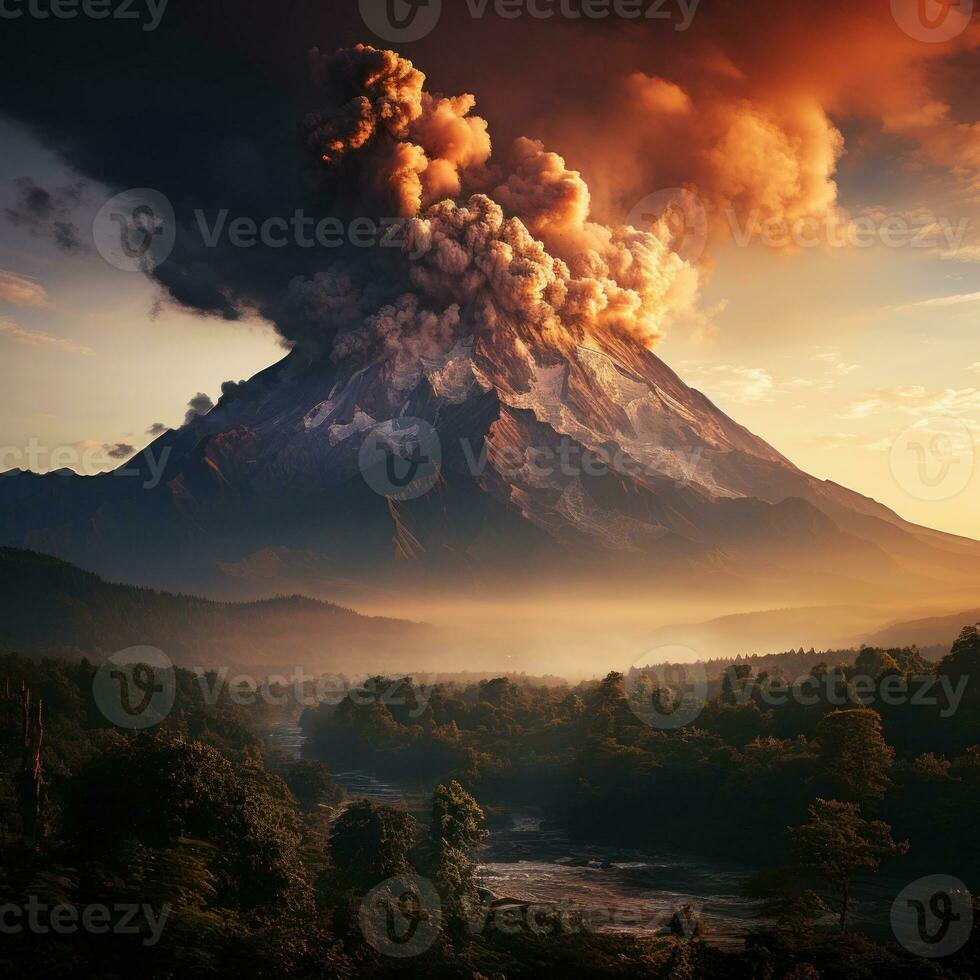 ai gerado a ativo vulcão entra em erupção e emite quente nuvens baixa para a declives do a montanha, causando alterar dentro a cor do a nuvens foto