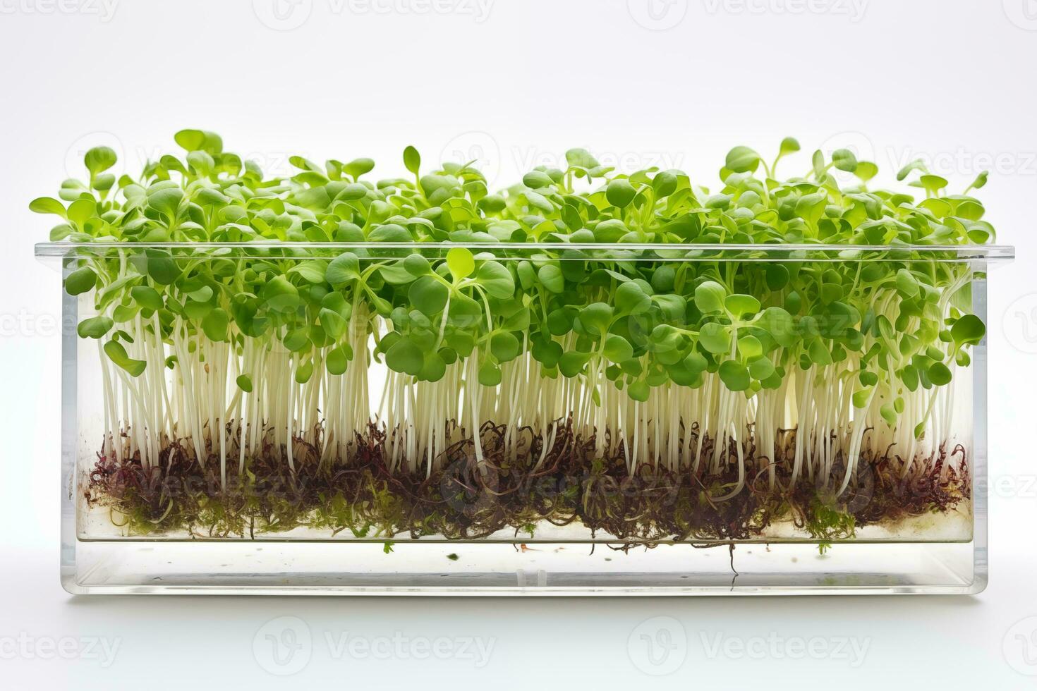 ai gerado microgreens dentro uma transparente recipiente em uma branco fundo. orgânico produtos. plantas para crescer às casa para Comida. ai gerado foto