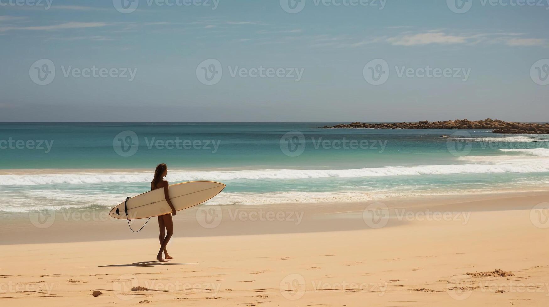 ai gerado realidade foto mulher surfista carregando prancha de surfe, praia, santiago durante uma muito ensolarado dia