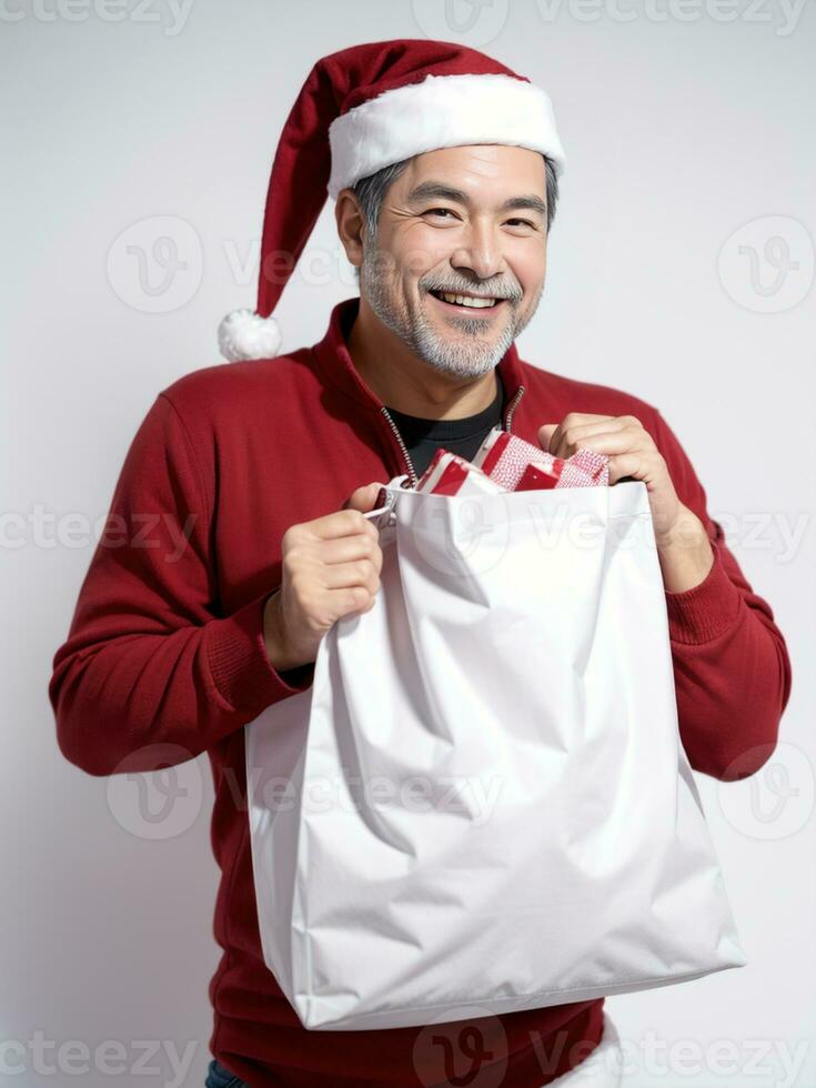 ai gerado uma homem santa claus segurando uma presente saco em branco fundo ai gerado foto