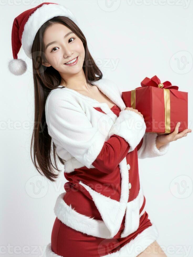 ai gerado santa mulheres fofa menina segurando uma presente em uma branco fundo ai gerado foto