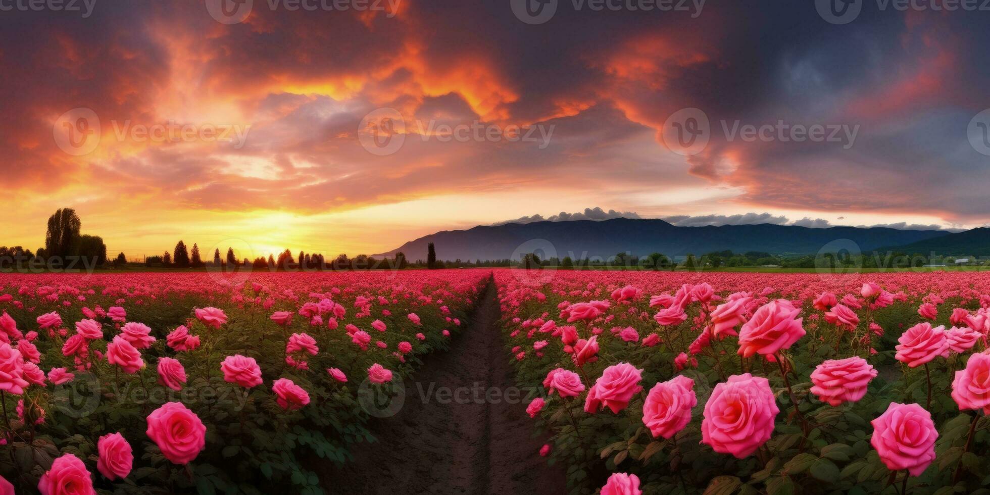 ai gerado rosa campo dentro a nascer do sol manhã com lindo céu foto