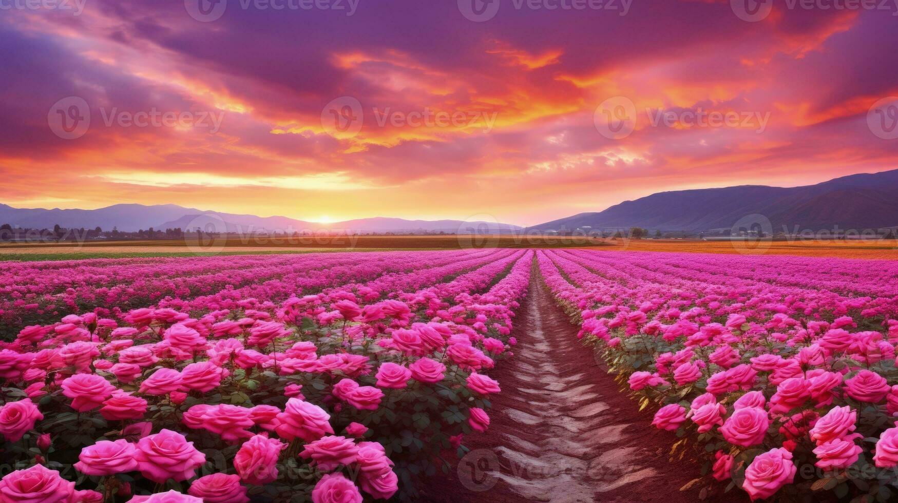 ai gerado rosa campo dentro a nascer do sol manhã com lindo céu foto