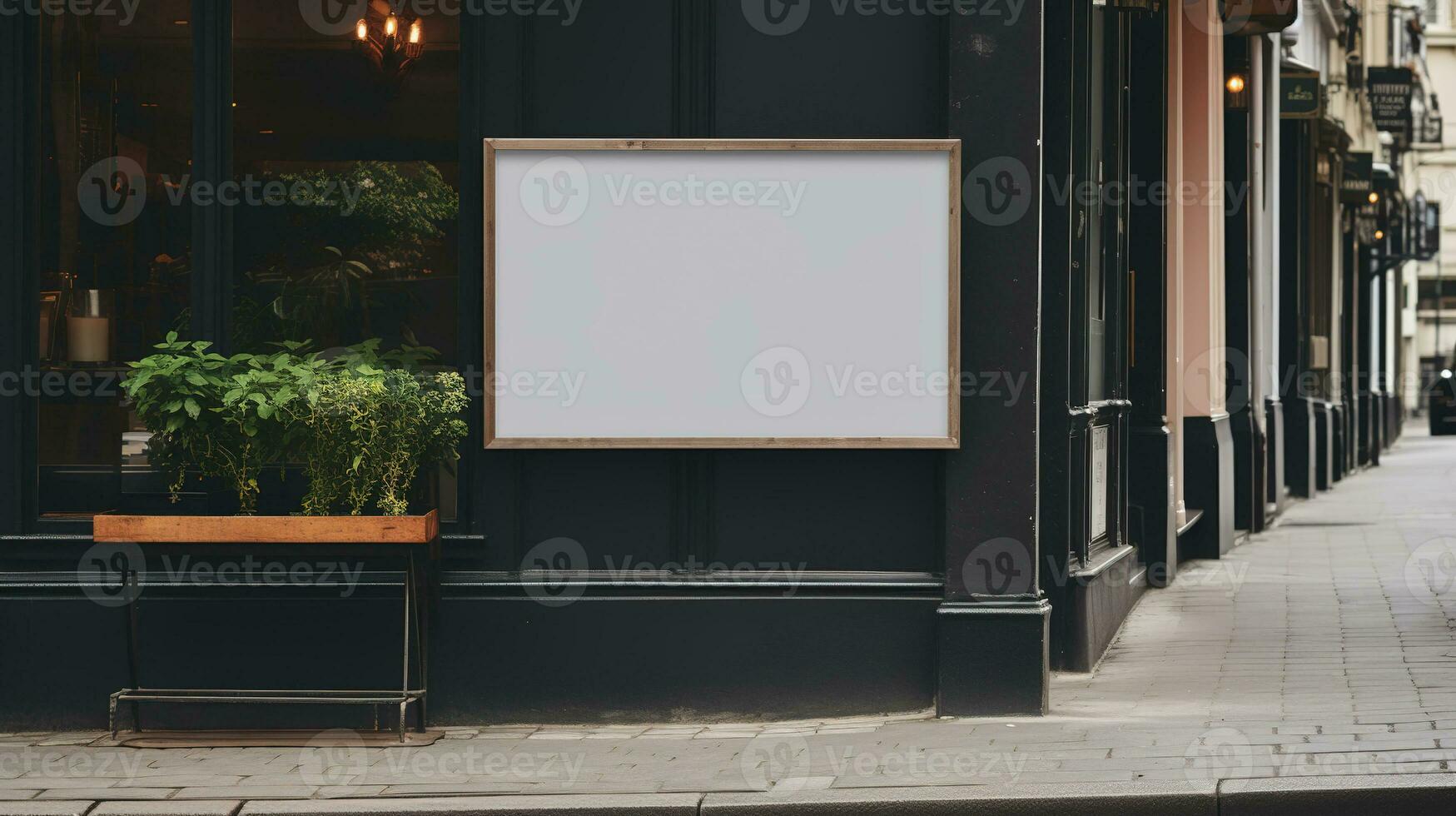 ai gerado generativo ai, café fazer compras rua tabuleta zombar acima para logotipo projeto, marca apresentação, estético silenciado neutro cores, em a parede ao ar livre foto