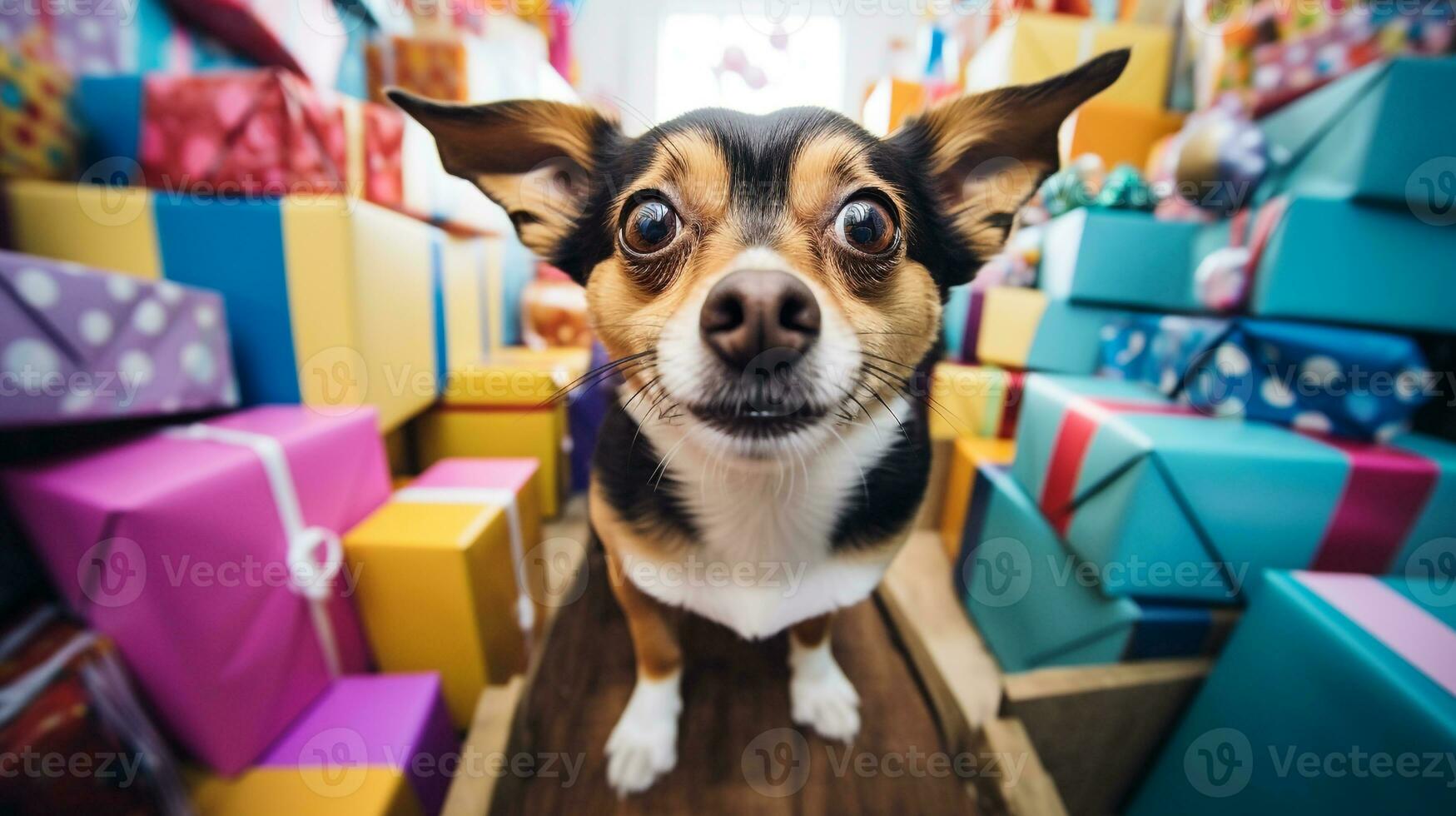 ai gerado foto do uma pernicioso cachorro espreitar Fora a partir de atrás uma pilha do presentes. generativo ai