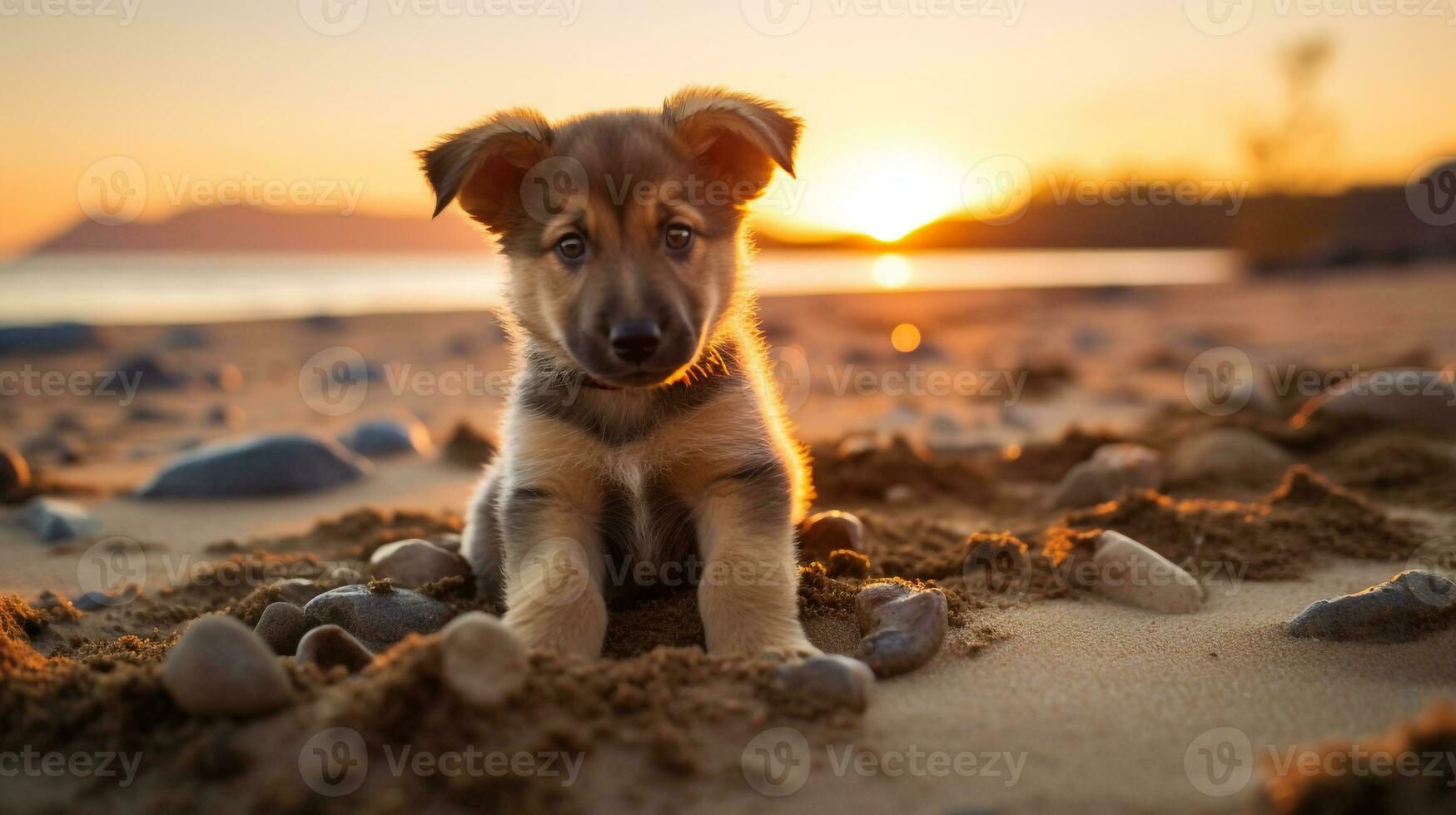 ai gerado foto do uma curioso cachorro explorando uma arenoso de praia às pôr do sol. generativo ai