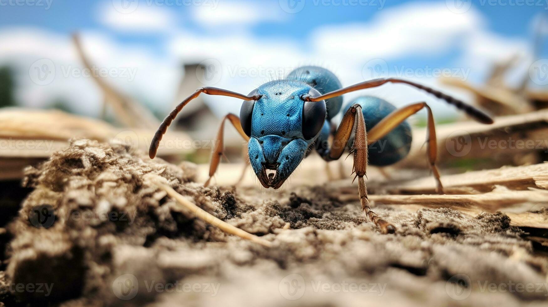 ai gerado foto do azul formiga em uma chão. generativo ai