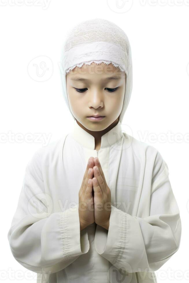 ai gerado uma Garoto dentro uma branco vestir camisa e chapéu, Rezar com apertado mãos. foto