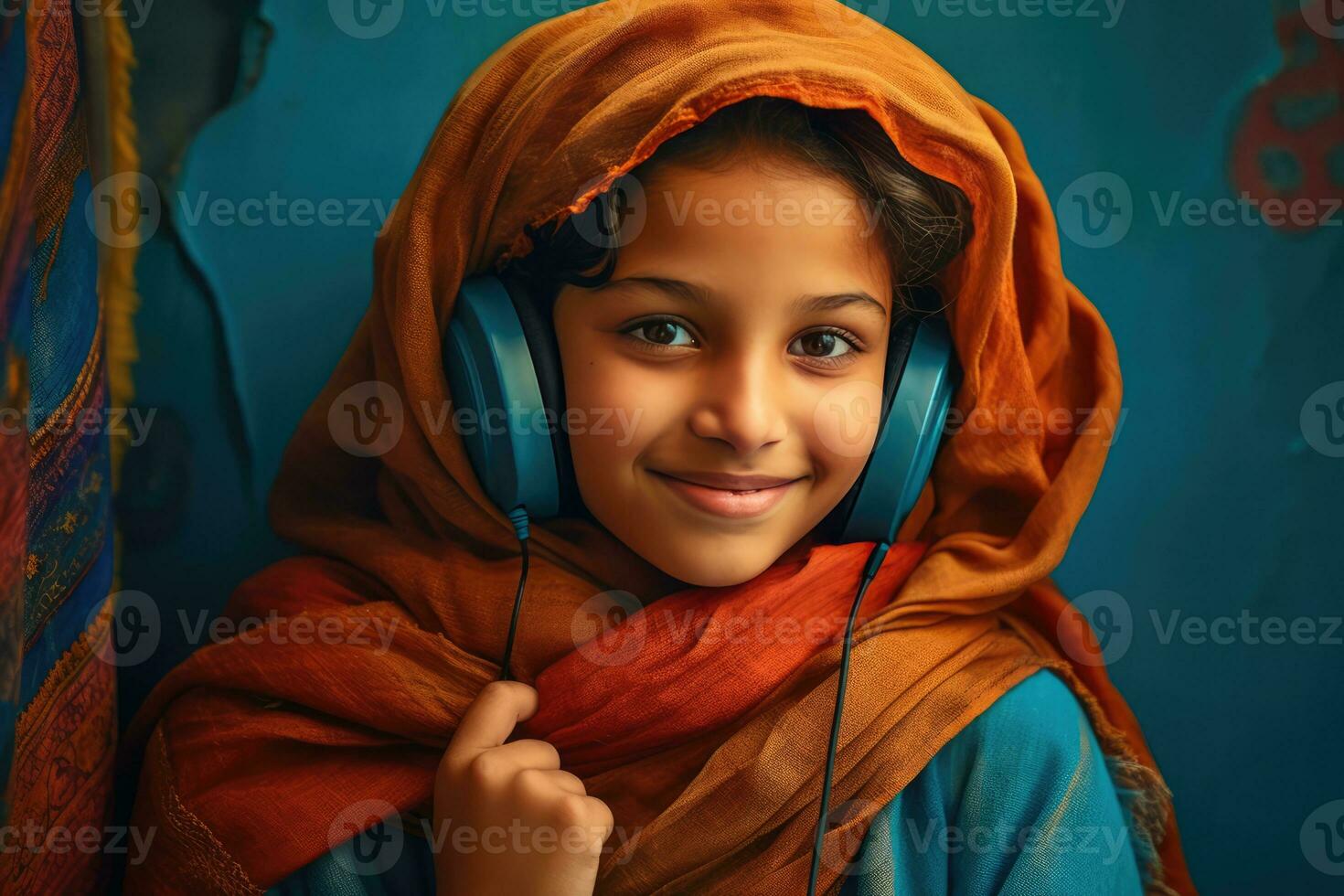 ai gerado jovem menina vestindo lenço de cabeça e ouvindo para música com fones de ouvido foto