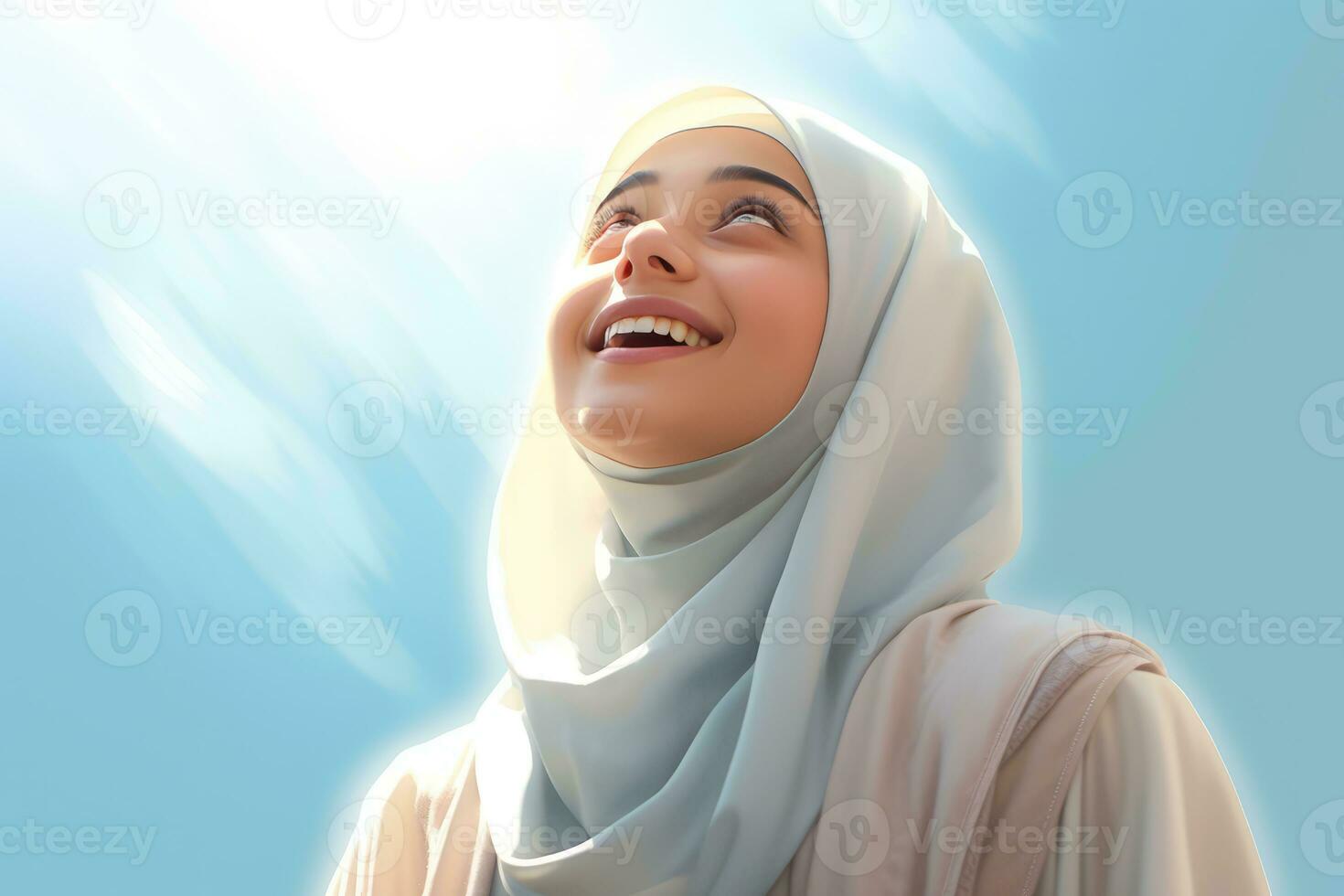 ai gerado mulher dentro hijab olhando acima às a céu com uma brilhante, sorridente expressão foto