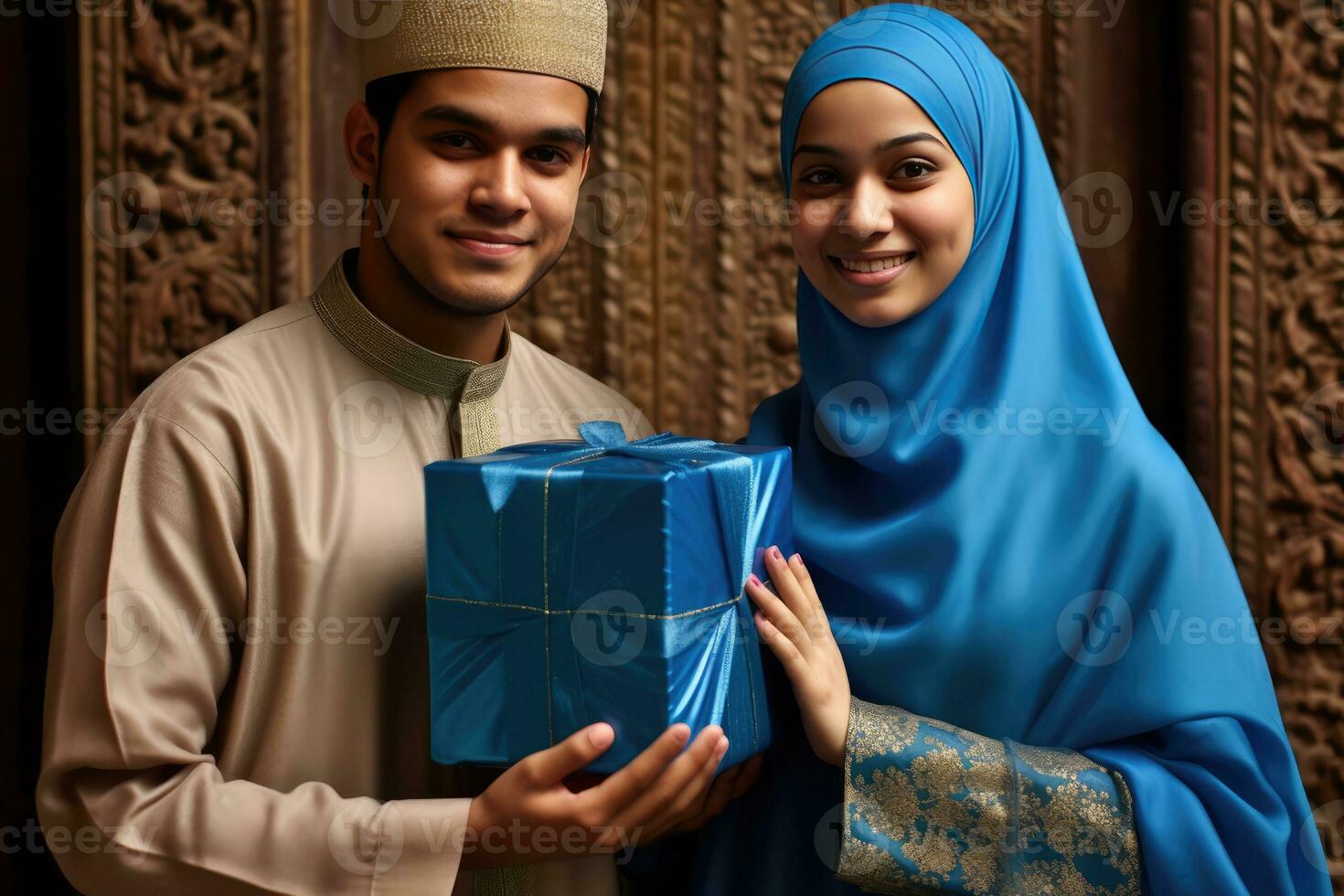 ai gerado uma homem e uma mulher apresentando uma presente embrulhado caixa. foto