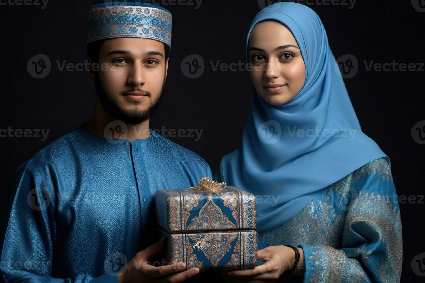 ai gerado uma jovem homem e mulher dentro árabe roupas apresentando uma presente foto