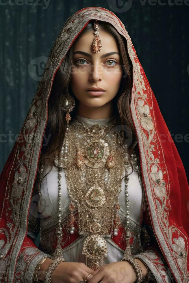 ai gerado Oriental europeu mulher dentro tradicional cultural roupas foto