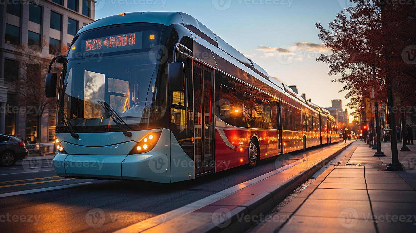 ai gerado uma foto do elétrico ônibus forrado acima às uma centro da cidade transito eixo. generativo ai