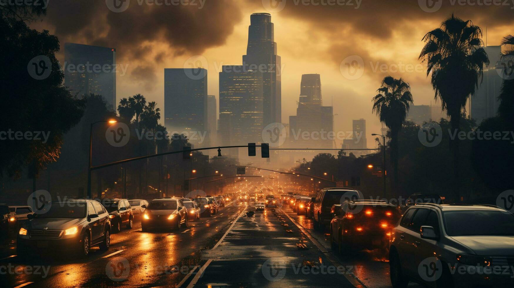 ai gerado uma foto do uma smog coberto paisagem urbana com tráfego congestionamento durante pressa hora. generativo ai