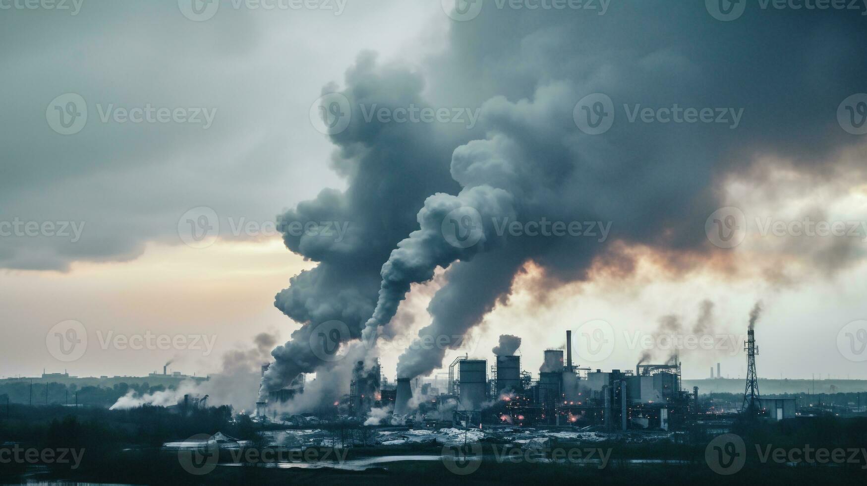 ai gerado uma foto do denso fábrica fumaça ondulante a partir de uma ampla industrial instalação. generativo ai