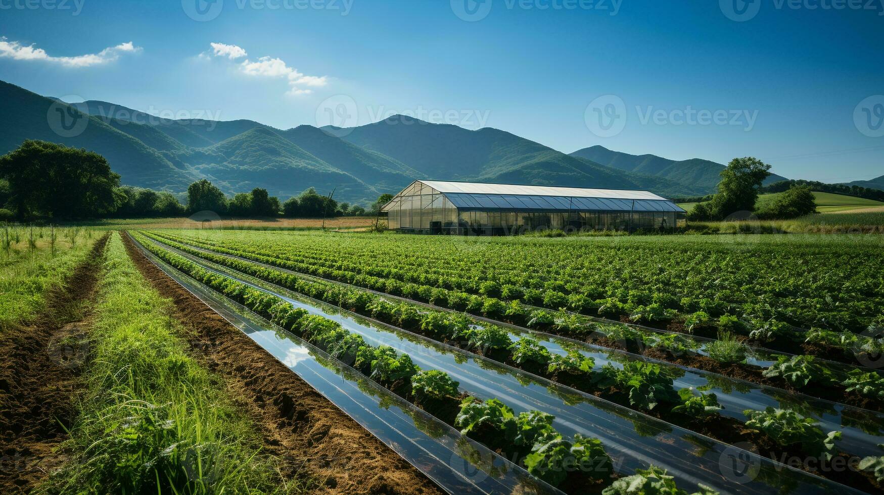 ai gerado uma foto do uma renovável energia solar Fazenda com linhas do fotovoltaico painéis gerando limpar \ limpo eletricidade. generativo ai