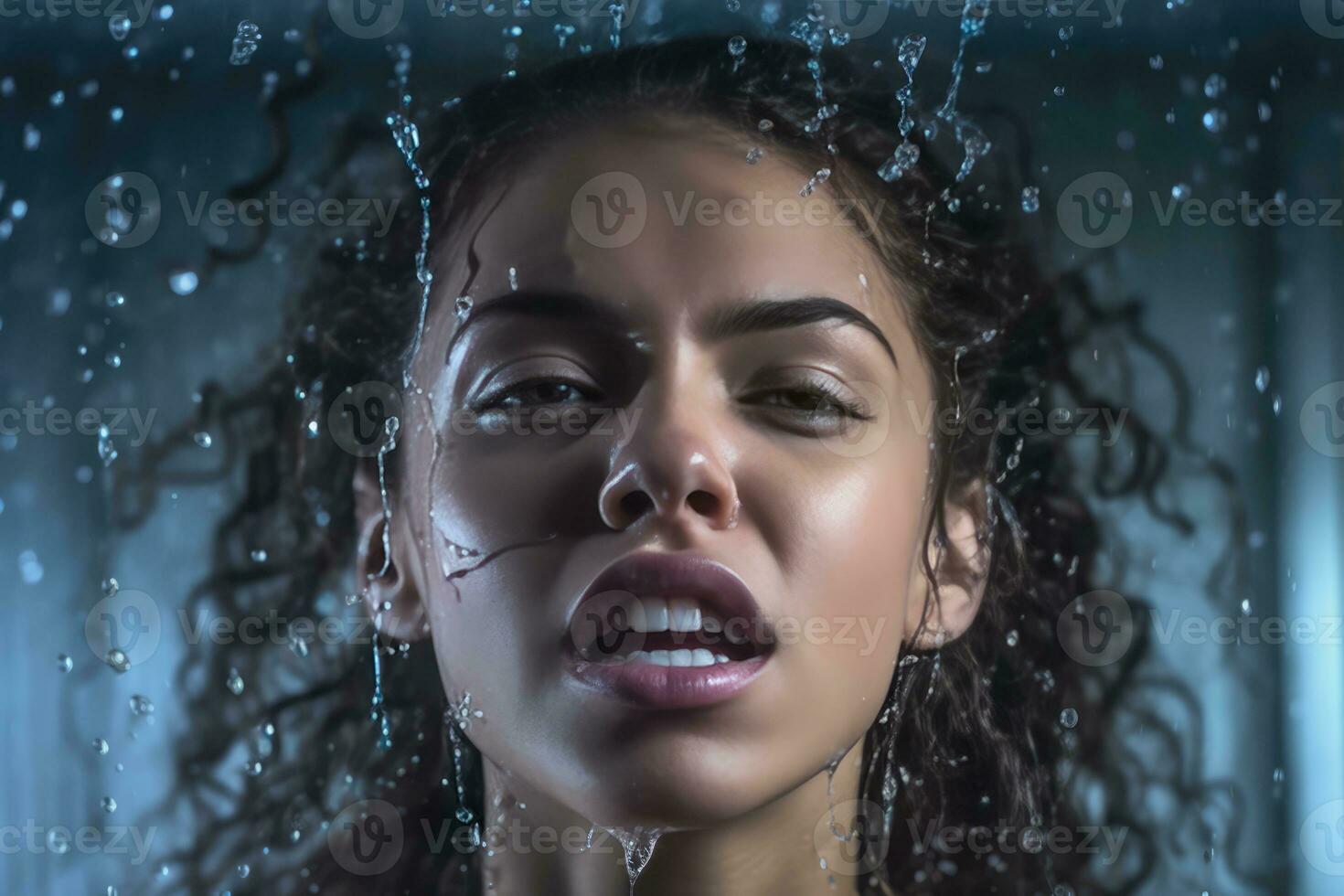 ai gerado lindo mulher com encaracolado cabelo dentro a chuva foto