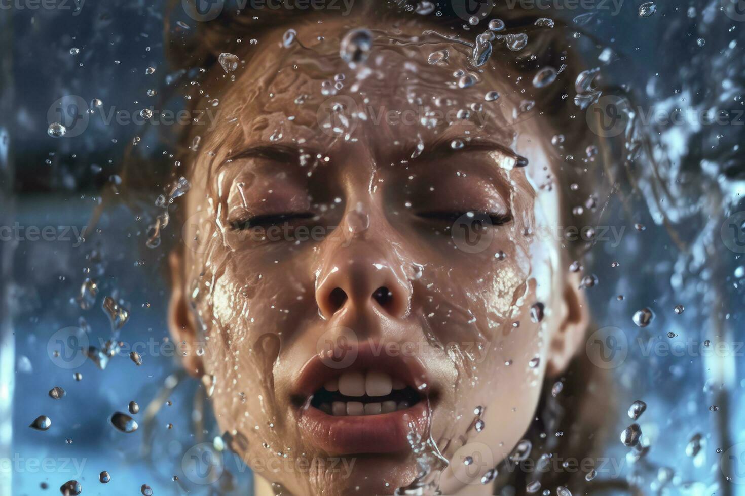 ai gerado uma mulher espirrando água em dela face foto