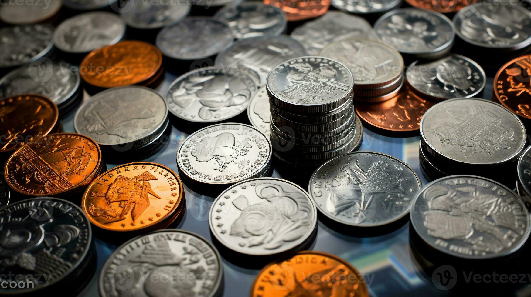 ai gerado foto do moedas do vários denominações formando uma caminho. generativo ai