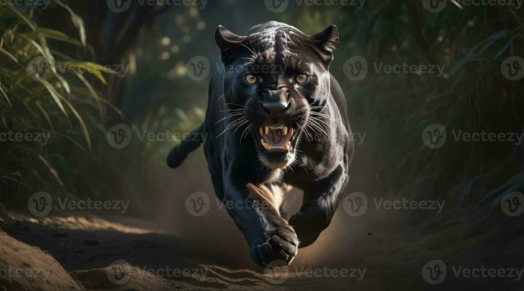 ai gerado Preto da pantera ataque, realista imagens do selvagem animal ataques foto