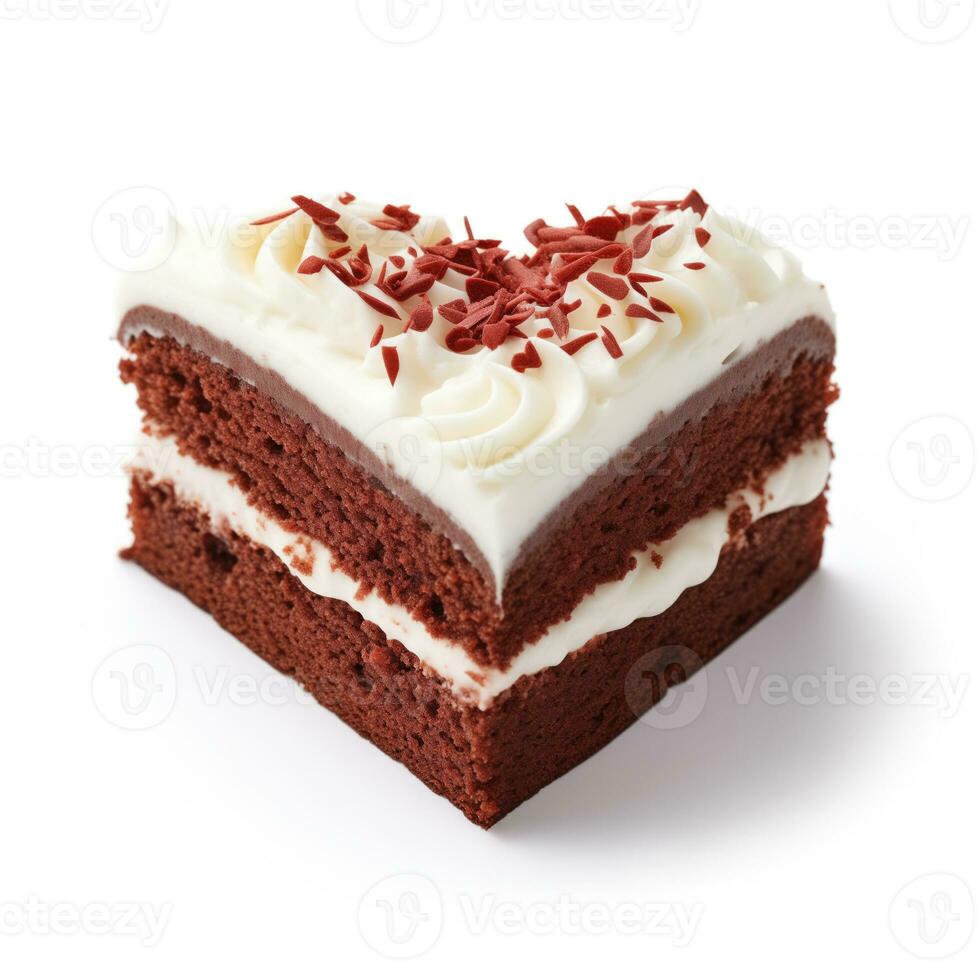 ai gerado uma fatia do solteiro camada vermelho veludo bolo com suave geada e uma chocolate coração decoração em uma branco fundo para dia dos namorados dia tema foto