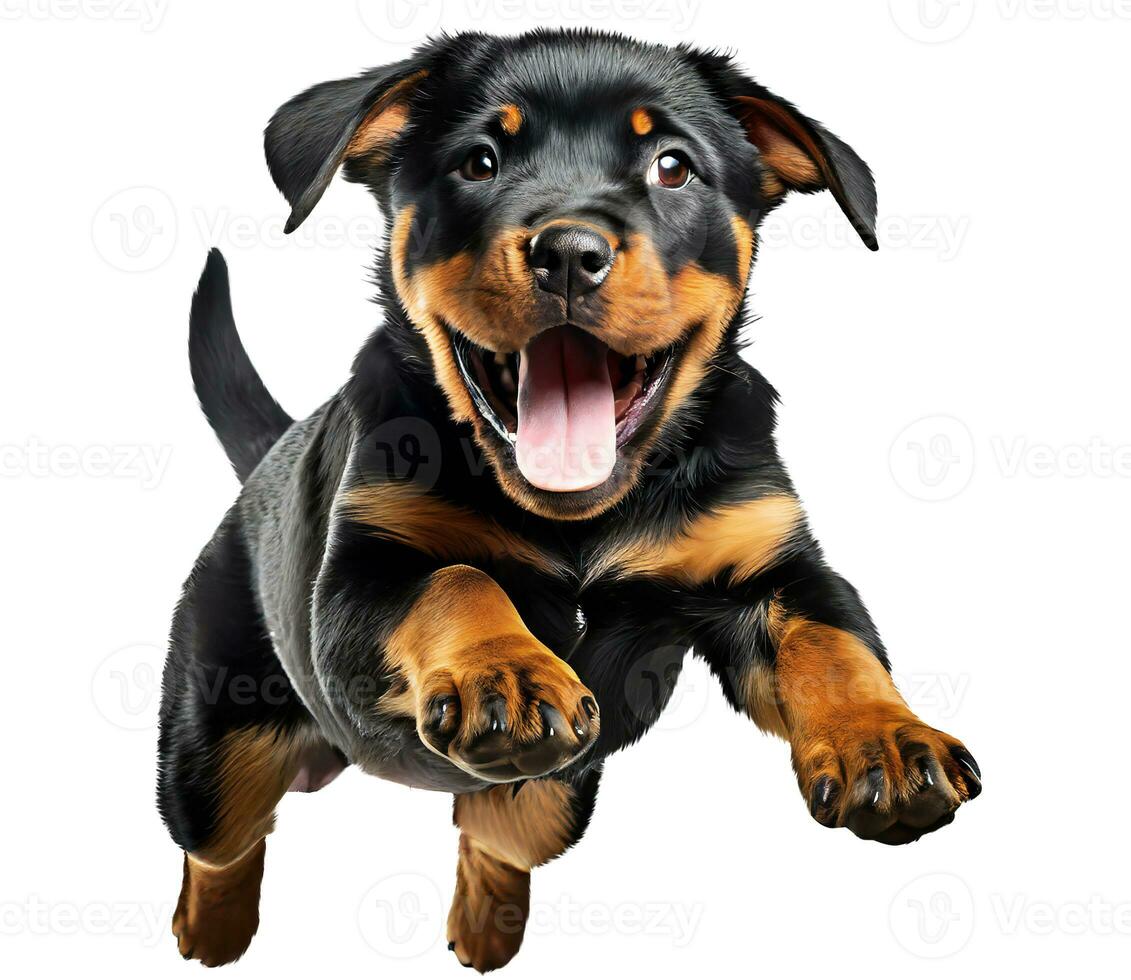 ai gerado fofa rottweiler cachorro pulando. brincalhão cachorro cortar Fora às fundo. foto