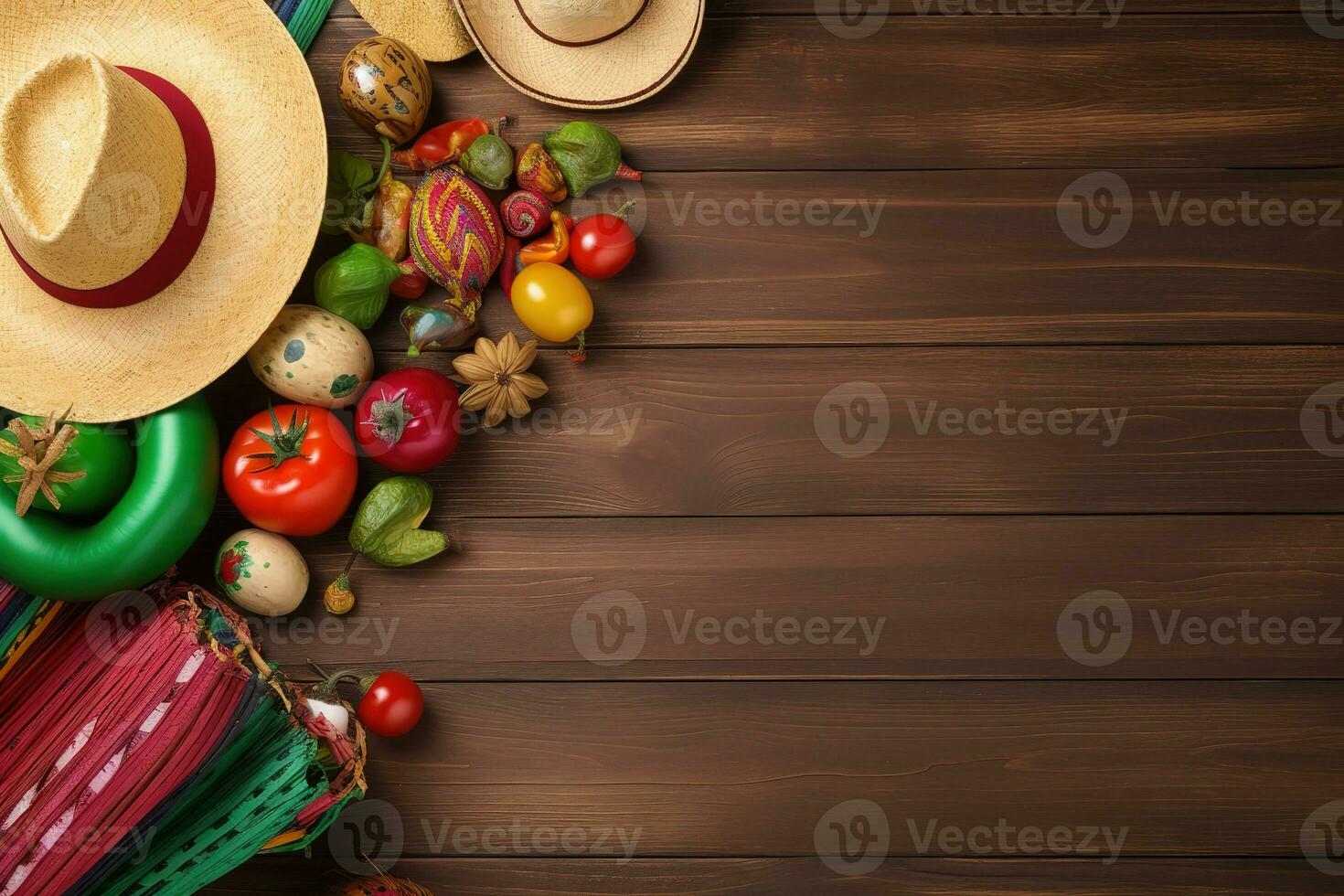 ai gerado mexicano Comida e chapéus em de madeira fundo foto