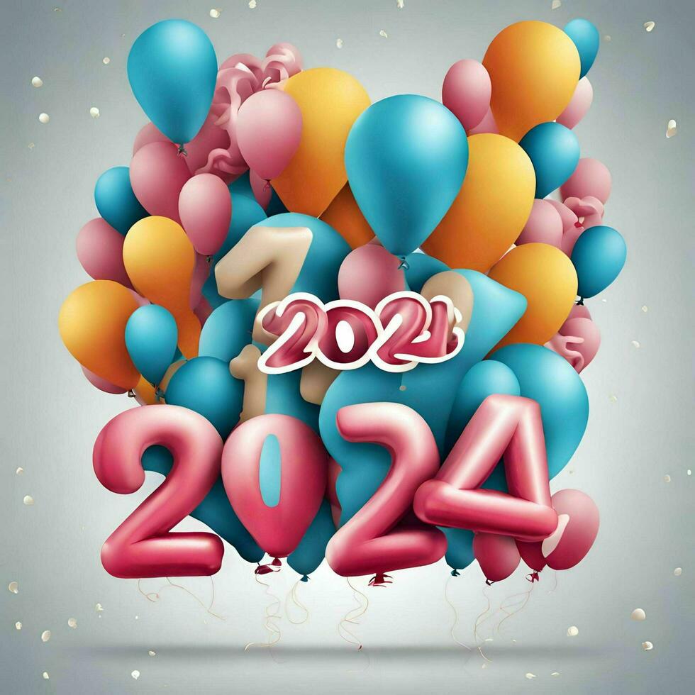 ai gerado texto balões cumprimento feliz Novo ano 2024 e ar balões foto