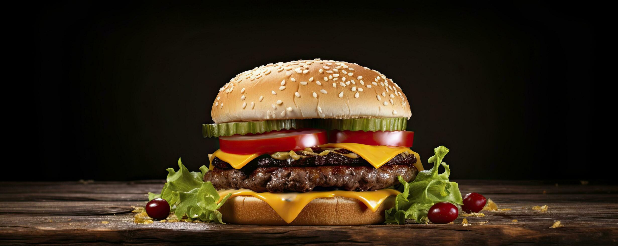 ai gerado perfeito queijo hamburguer com legumes em de madeira mesa foto