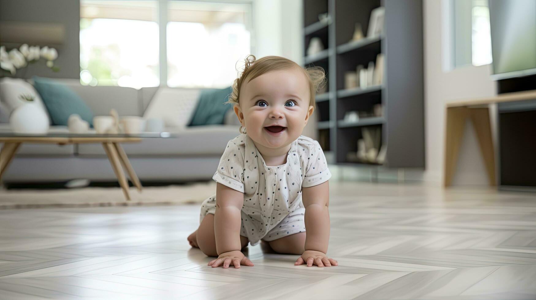 ai gerado fofa bebê deitado em uma mármore chão foto