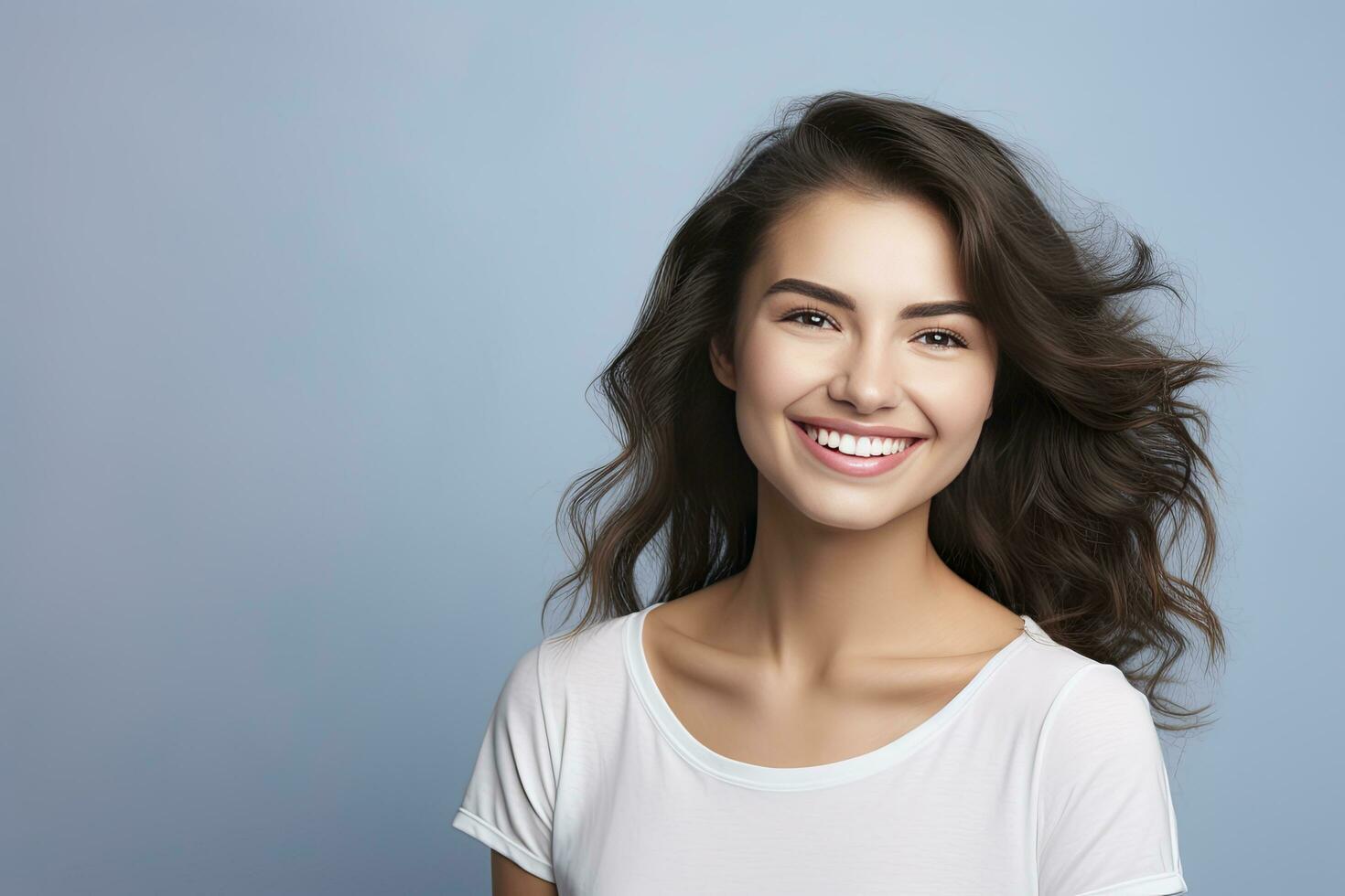 ai gerado alegre risonho jovem mulher retrato foto