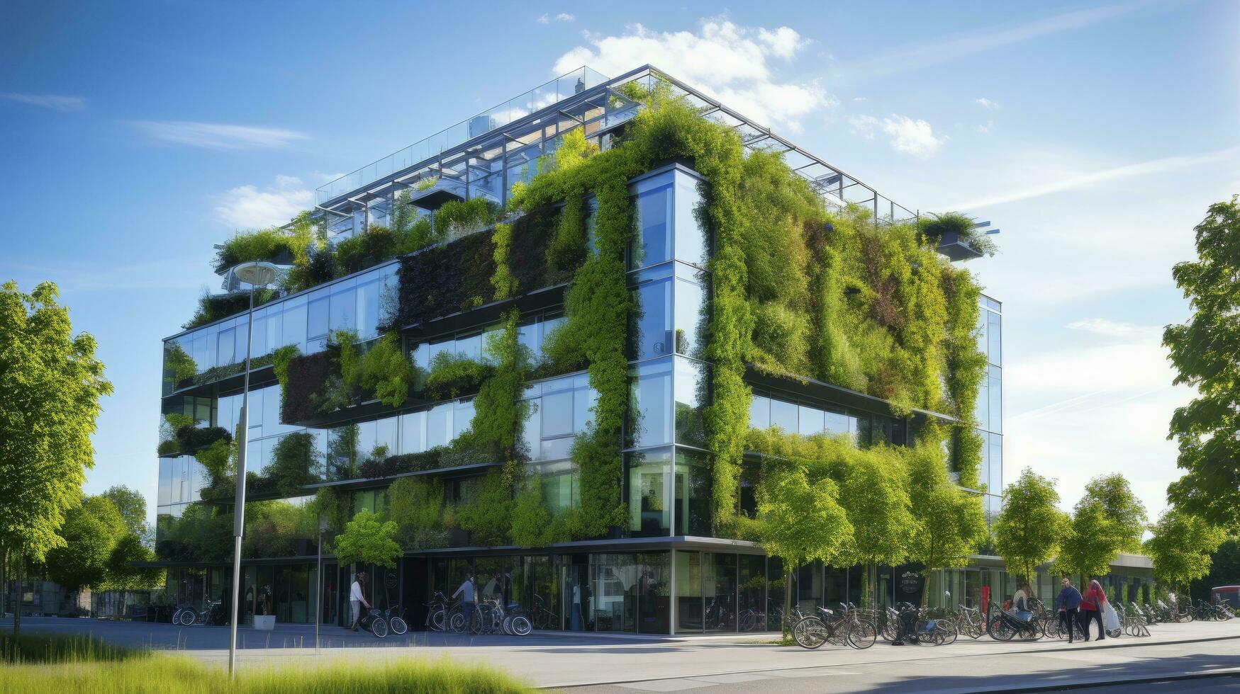 ai gerado sustentável eco amigáveis escritório construção com vidro dentro moderno cidade foto