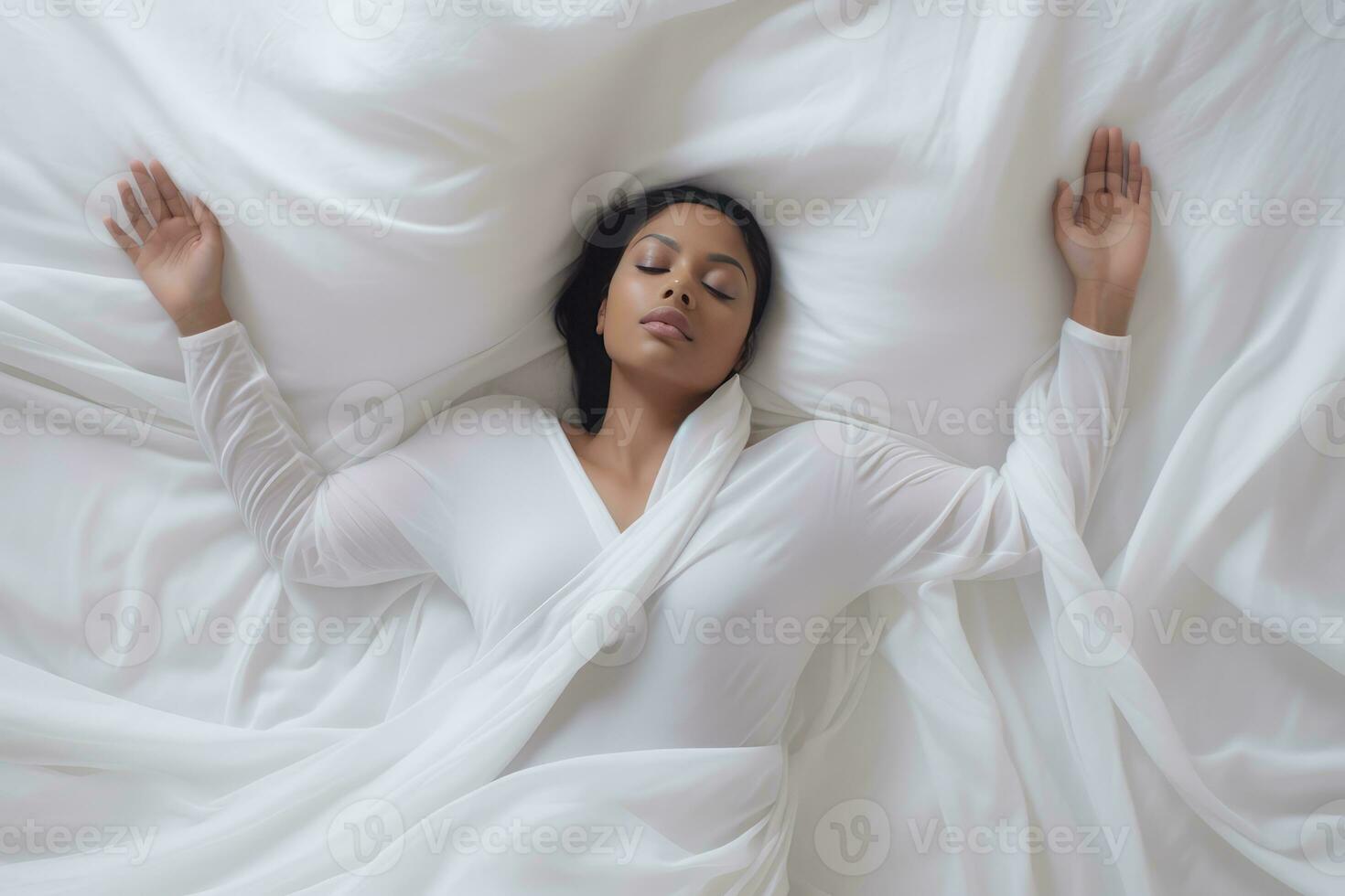 ai gerado pacífico dormir - lindo mulher deitado em uma branco cama foto