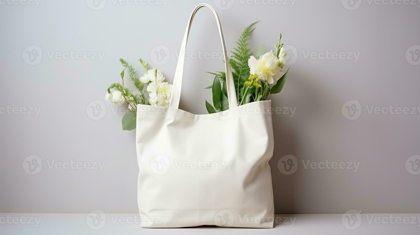 ai gerado generativo ai, eco Bolsa cheio do flores, branco carregar saco zombar acima em neutro fundo foto