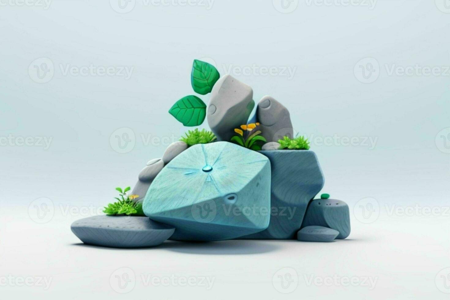 ai gerado 3d exibição pódio pedra com flores, verde folhas, e Rocha para apresentação do a produtos. pró foto