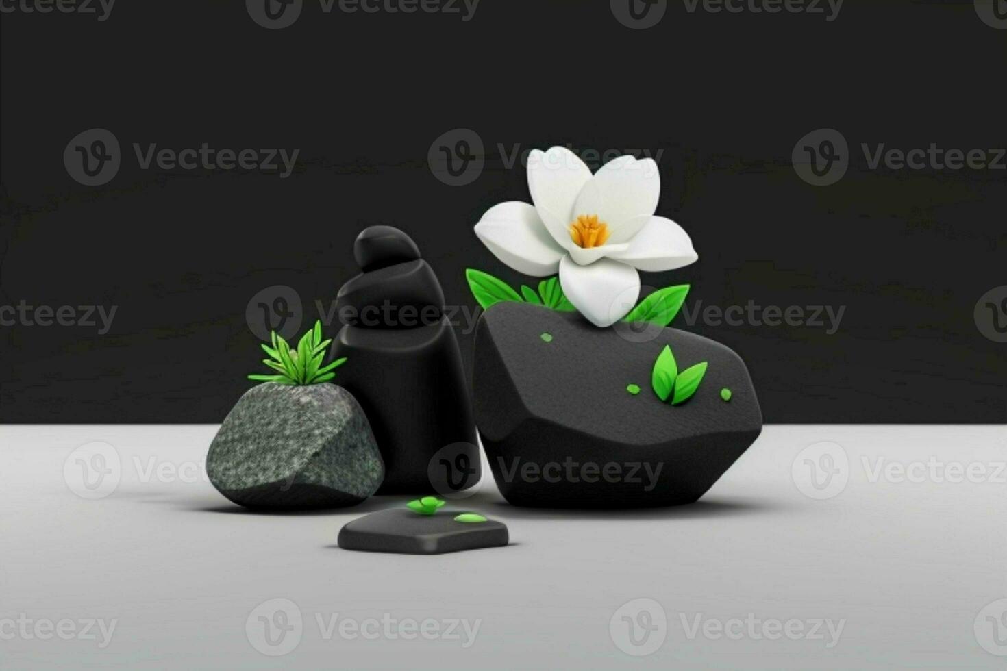 ai gerado 3d exibição pódio pedra com flores, verde folhas, e Rocha para apresentação do a produtos. pró foto