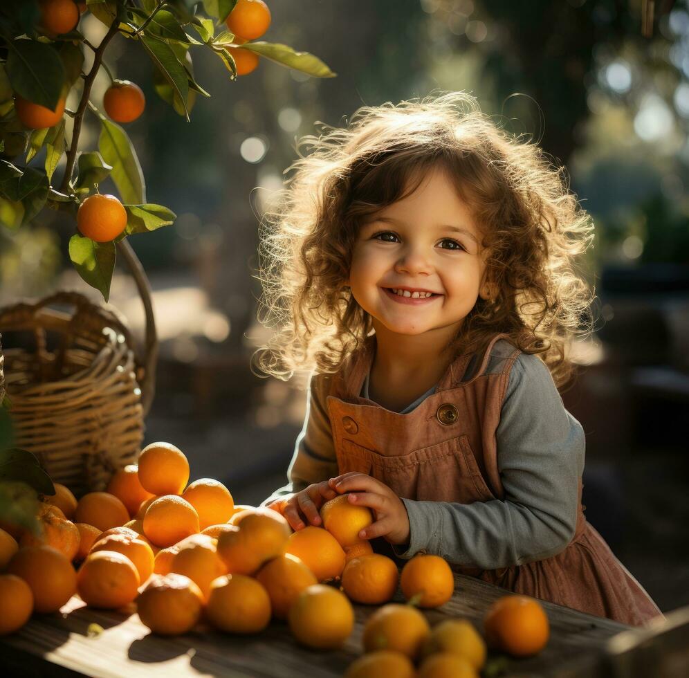 ai gerado comendo laranja é mais saudável para seu criança pequena que bolo foto