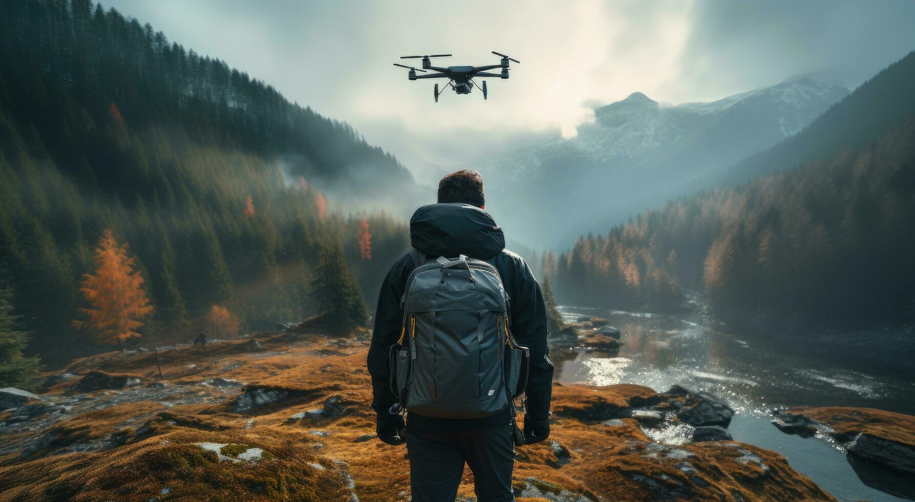 ai gerado cara dentro mochila e zangão dentro montanha viagem foto